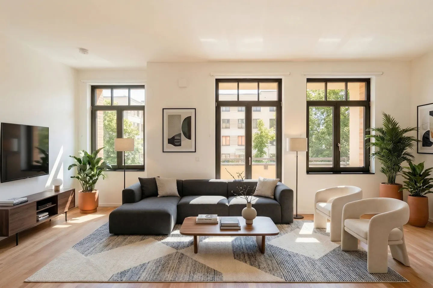 Bright living room with a gray sectional sofa, two white armchairs, and a geometric rug. Large windows offer a view of trees.