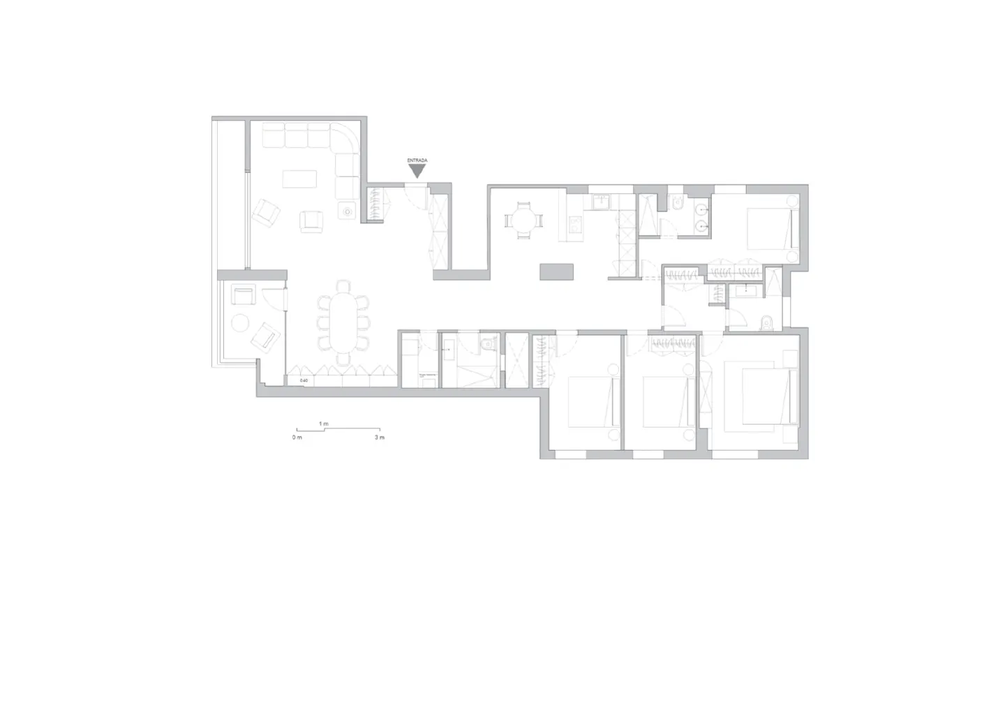 Architectural floor plan in light gray, featuring three bedrooms, two bathrooms, a kitchen, and a living/dining area.