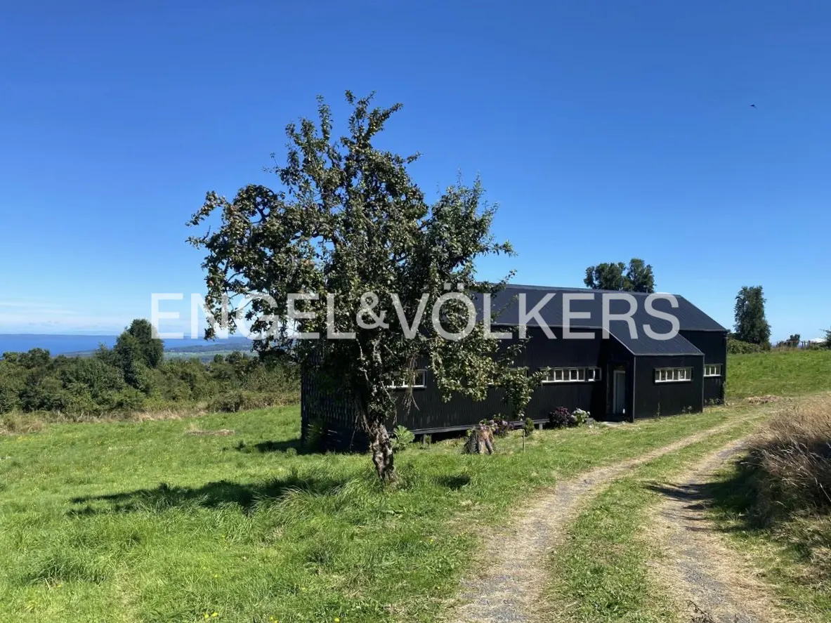 Exterior of a modern black house with white windows, a tree, and a dirt driveway on a sunny day.