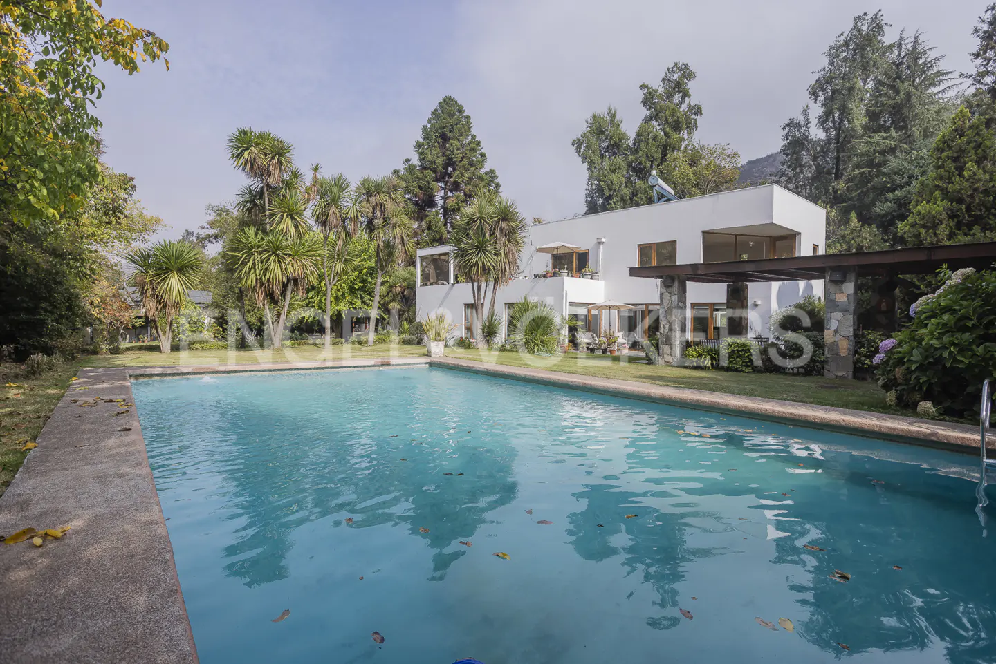 A modern white house with a turquoise pool, surrounded by lush green trees and plants.