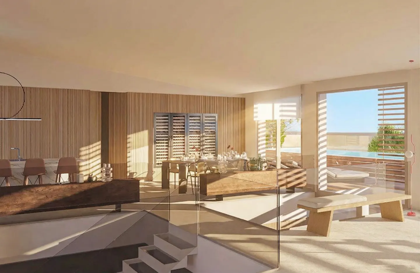 Open-concept living space with wood paneling, dining table, and pool view through sliding glass doors.