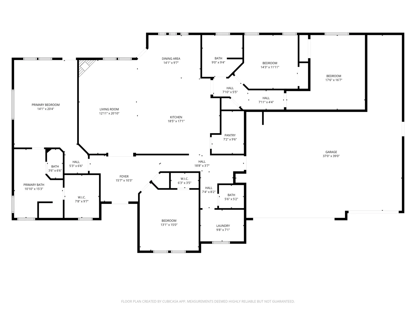 Floor plan of a house with a primary bedroom, living room, kitchen, dining area, two bedrooms, two bathrooms, laundry, pantry, and garage.