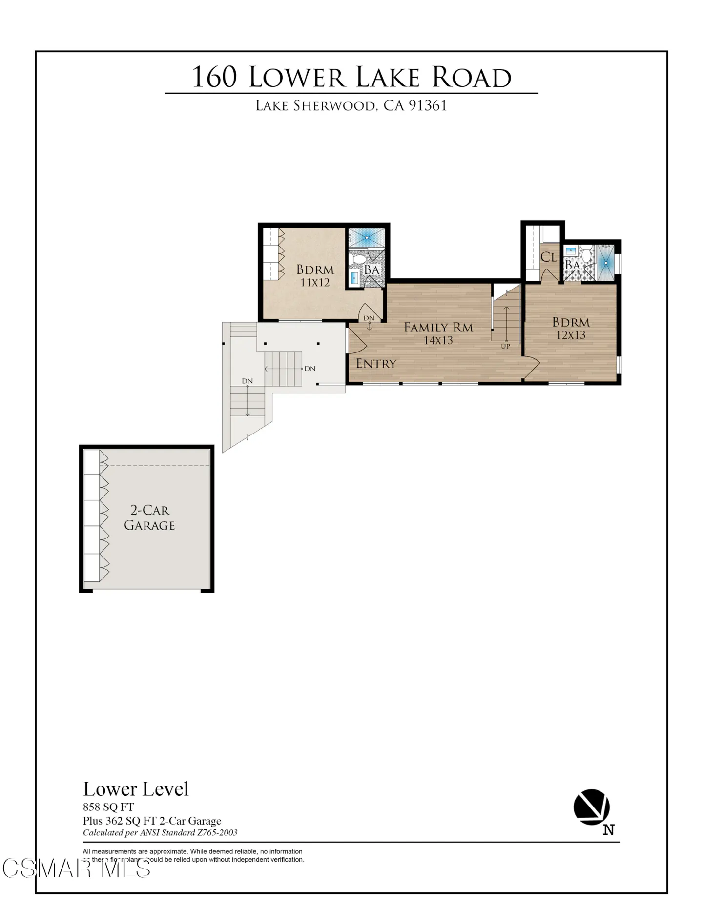 Floor plan for 160 Lower Lake Road showing a lower level with two bedrooms, a family room, bathrooms, and a 2-car garage.