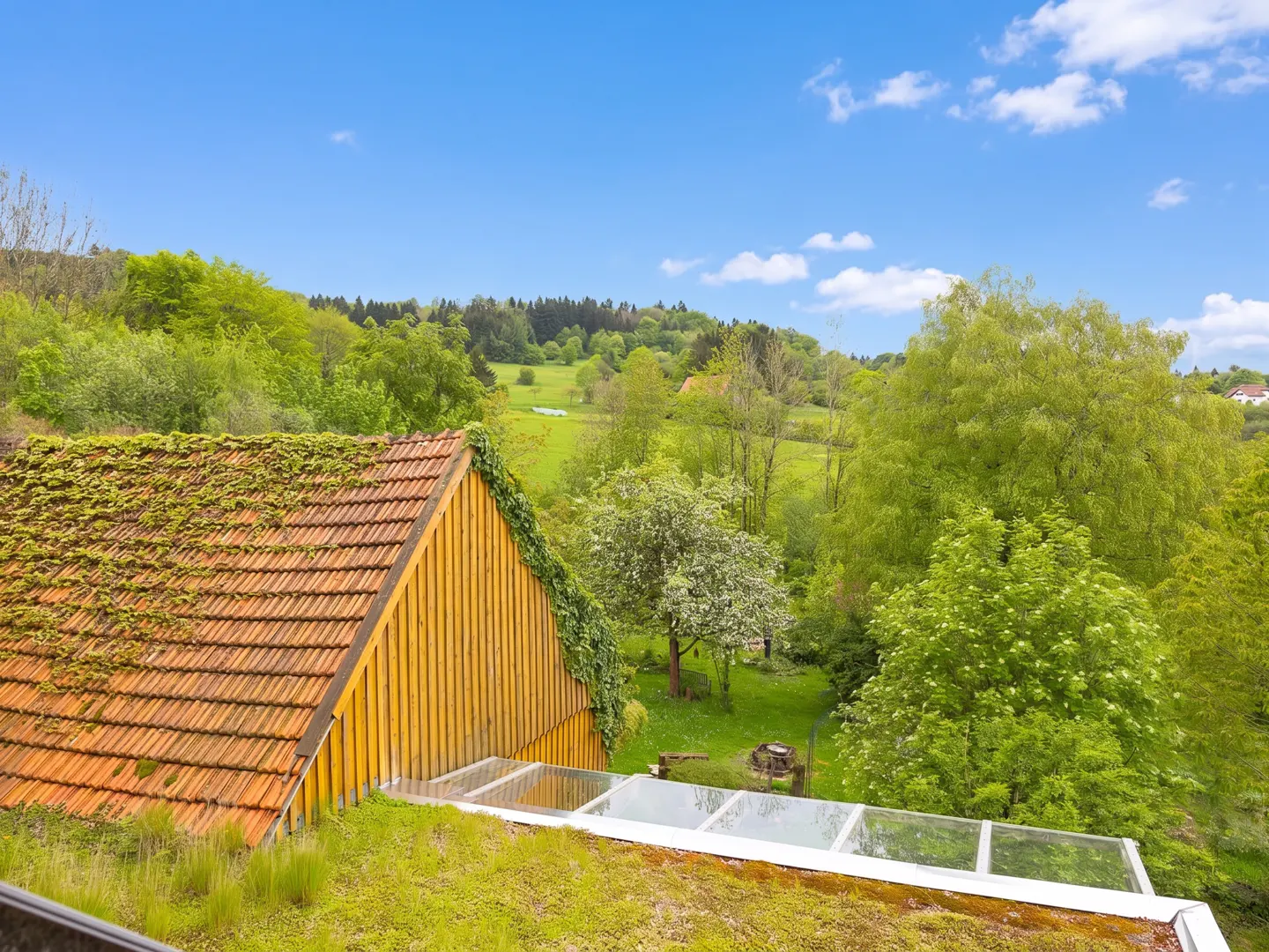 View of a house with a mossy roof and orange tiles, overlooking a green field and trees under a blue sky.