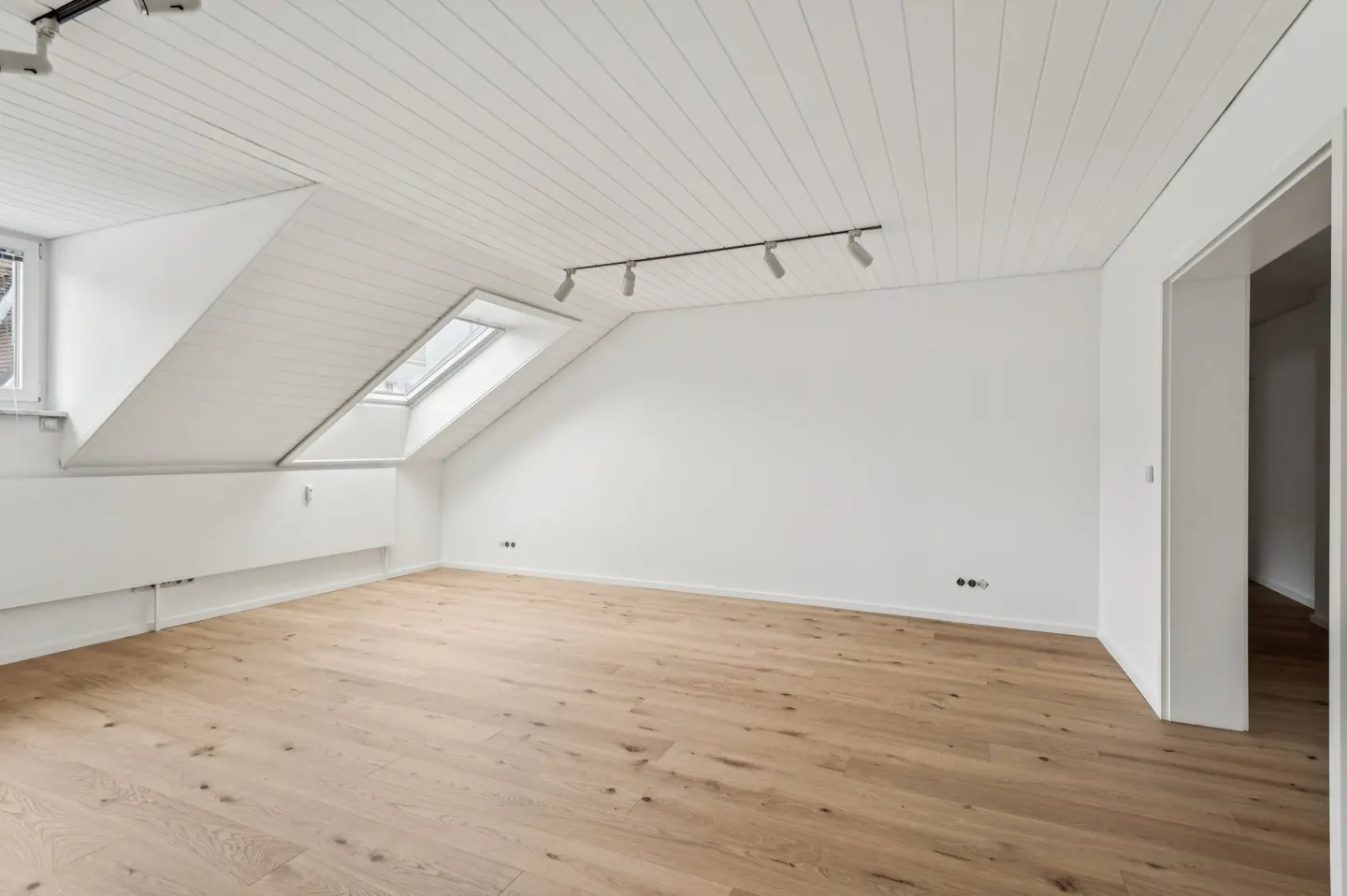 Bright, empty attic room with light wood floors, white walls, and a skylight. Track lighting on the ceiling. Doorway to another room.