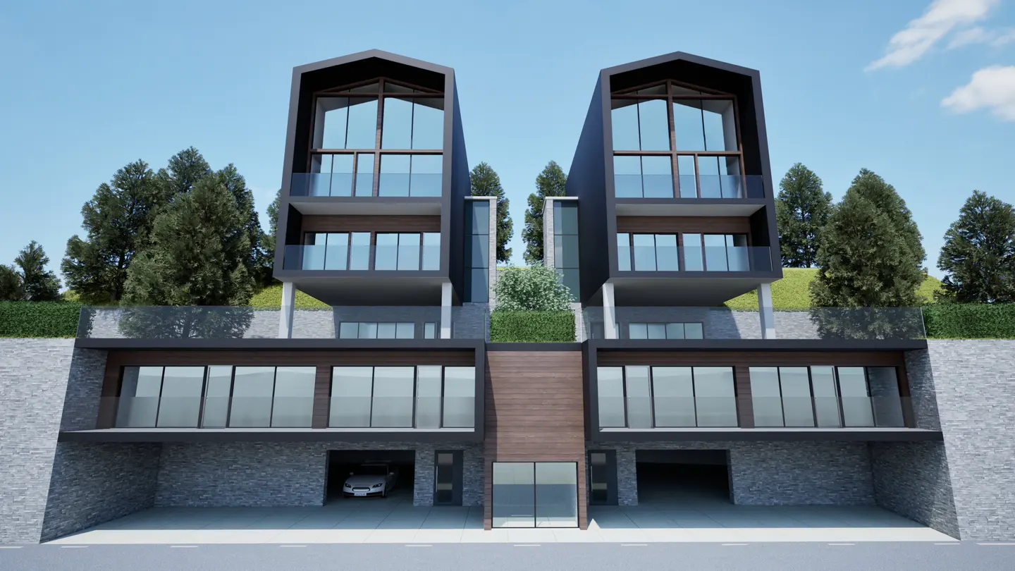 Modern two-story townhouses with black trim, large windows, and glass balconies, built into a hillside with garage access.