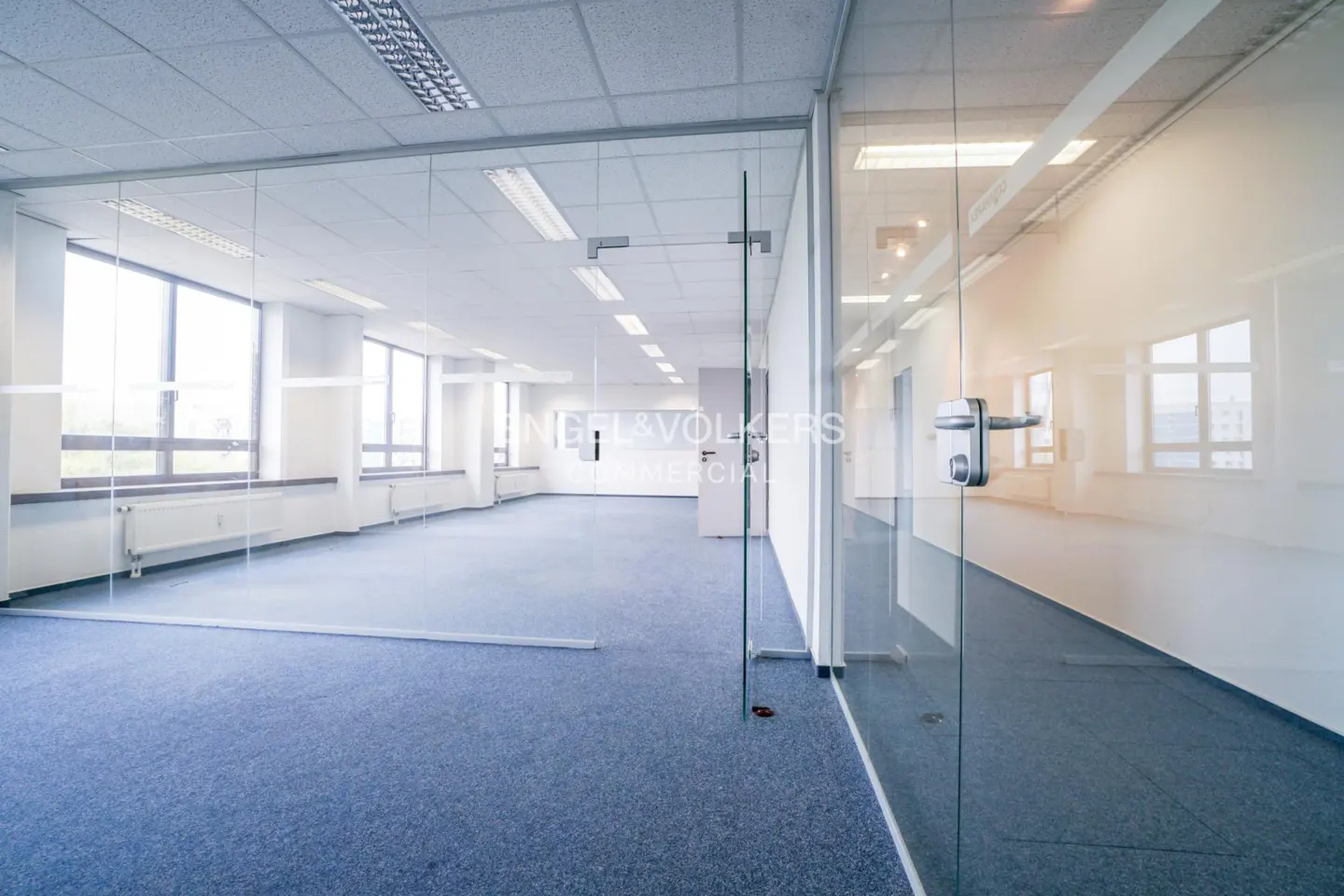 Bright, empty office space with blue carpet, white walls, and large windows. Glass-walled office with door and Engel & Völkers logo.