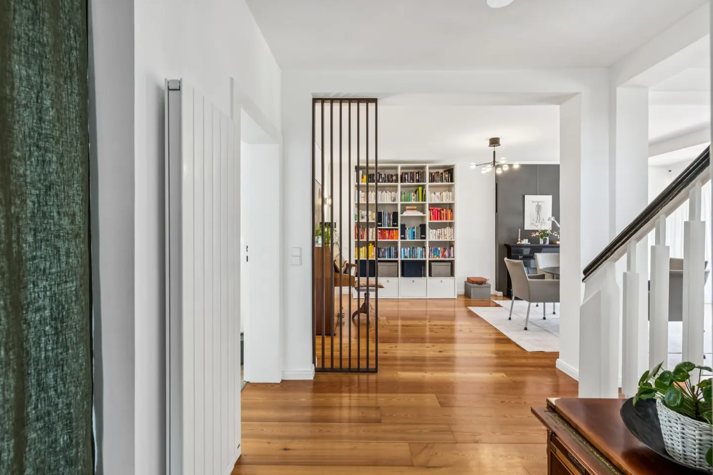 A bright hallway with wood floors leads to a living room with a bookshelf. A black screen divides the spaces.