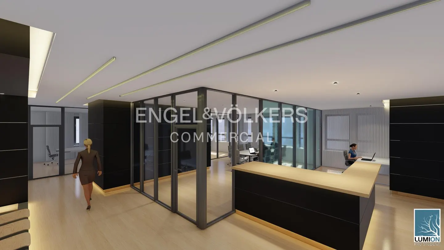 Modern office interior with a woman walking toward a glass-walled conference room and a receptionist at a wooden desk.