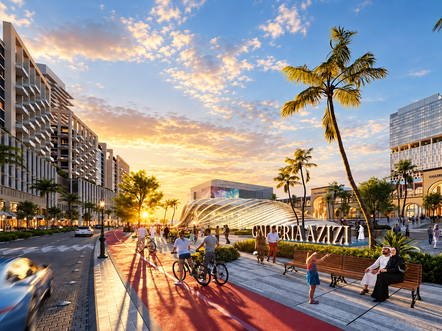 A sunset view of Galleria Azizi with people cycling, walking, and sitting on benches near modern buildings and palm trees. [AI-generated text]