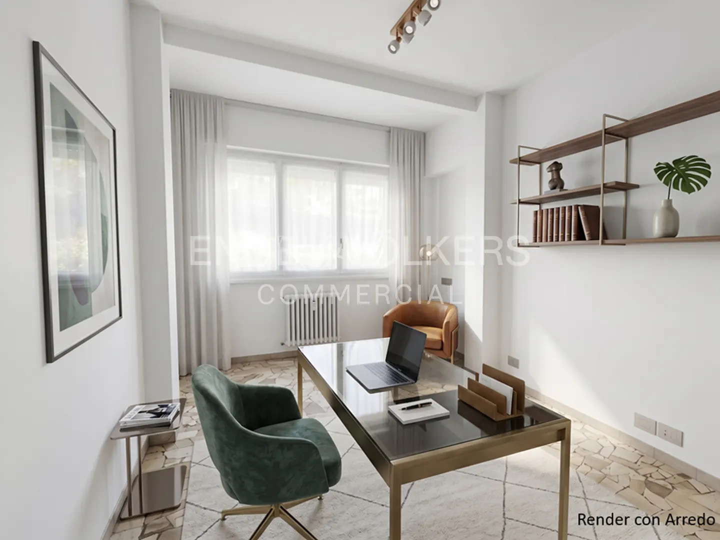 Bright office space with a glass-topped desk, green velvet chair, and built-in shelves. A laptop sits on the desk.