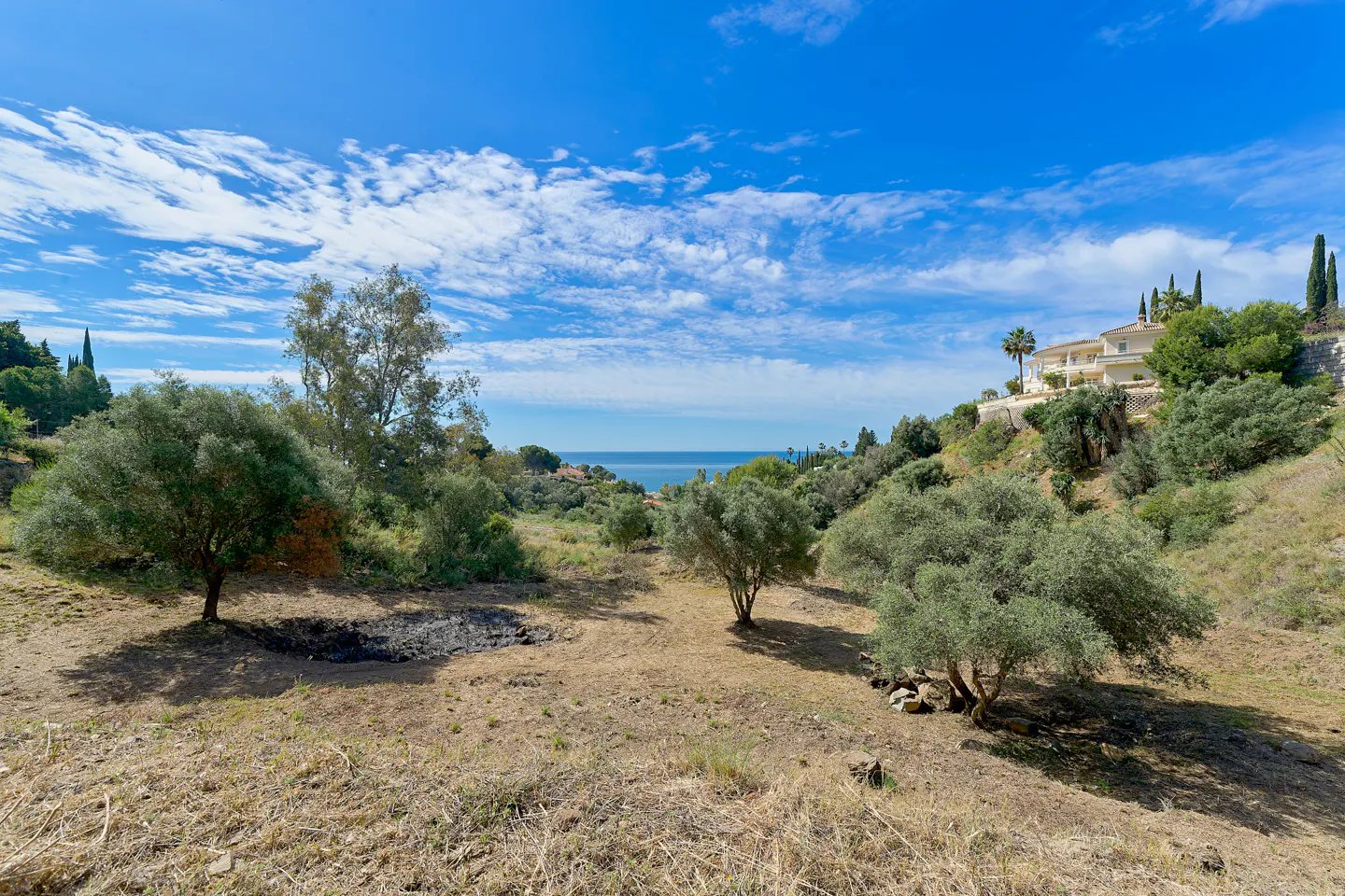 View of a vacant lot with trees, leading to a distant ocean view under a blue sky with scattered clouds. A large house sits on a hill.