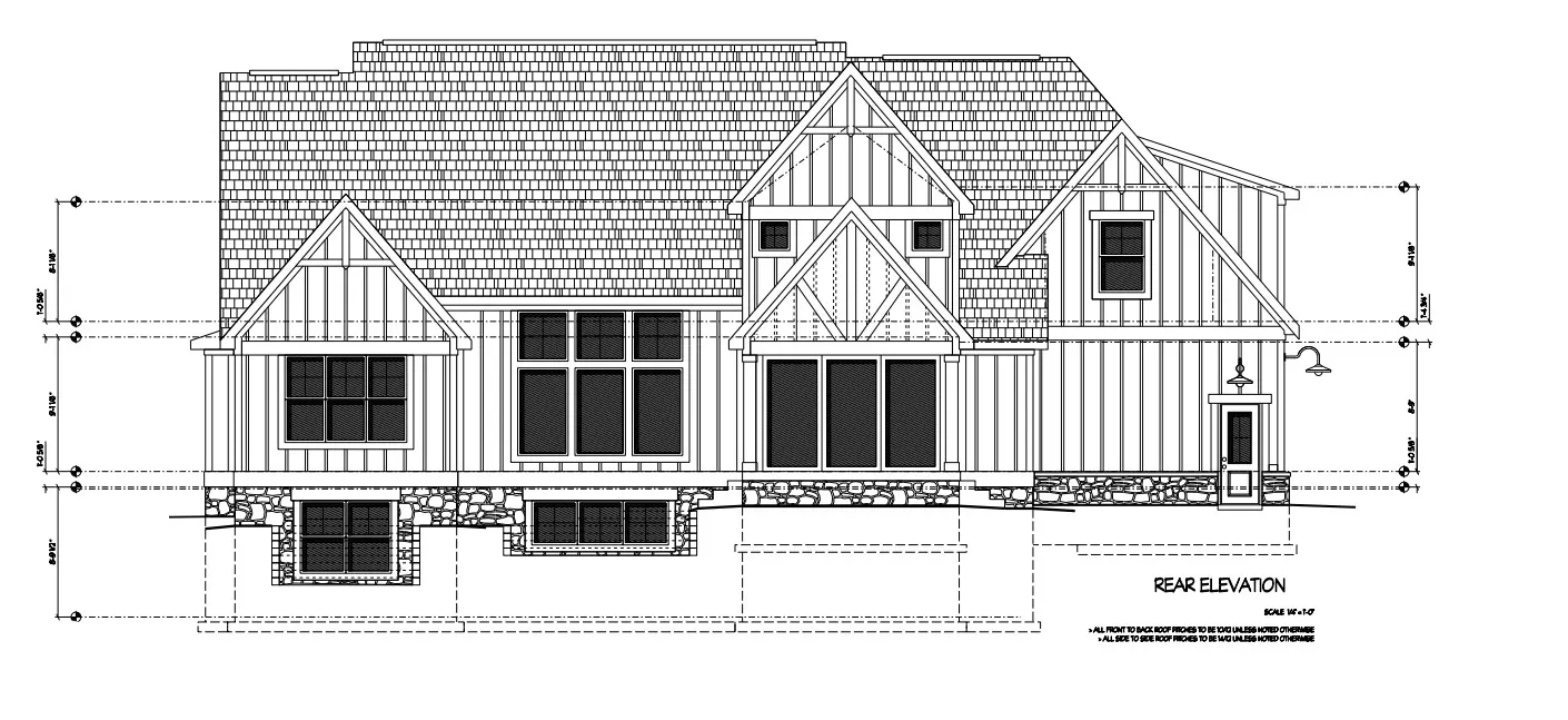 Rear elevation blueprint of a house with a shingled roof, vertical siding, stone foundation, and multiple windows.