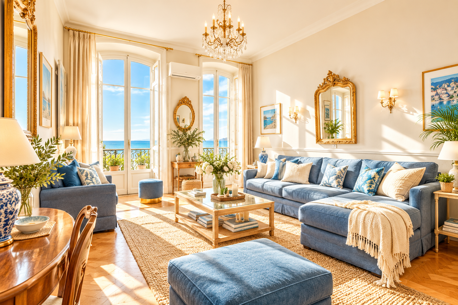 Bright living room with blue sectional sofa, wooden coffee table, and large windows overlooking the ocean. [AI-generated text] [AI-modified]