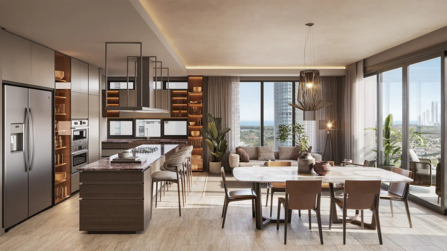 A modern open-concept living space with a kitchen island, dining table, and living room. Large windows offer a city view. Neutral tones and natural light create a serene atmosphere.