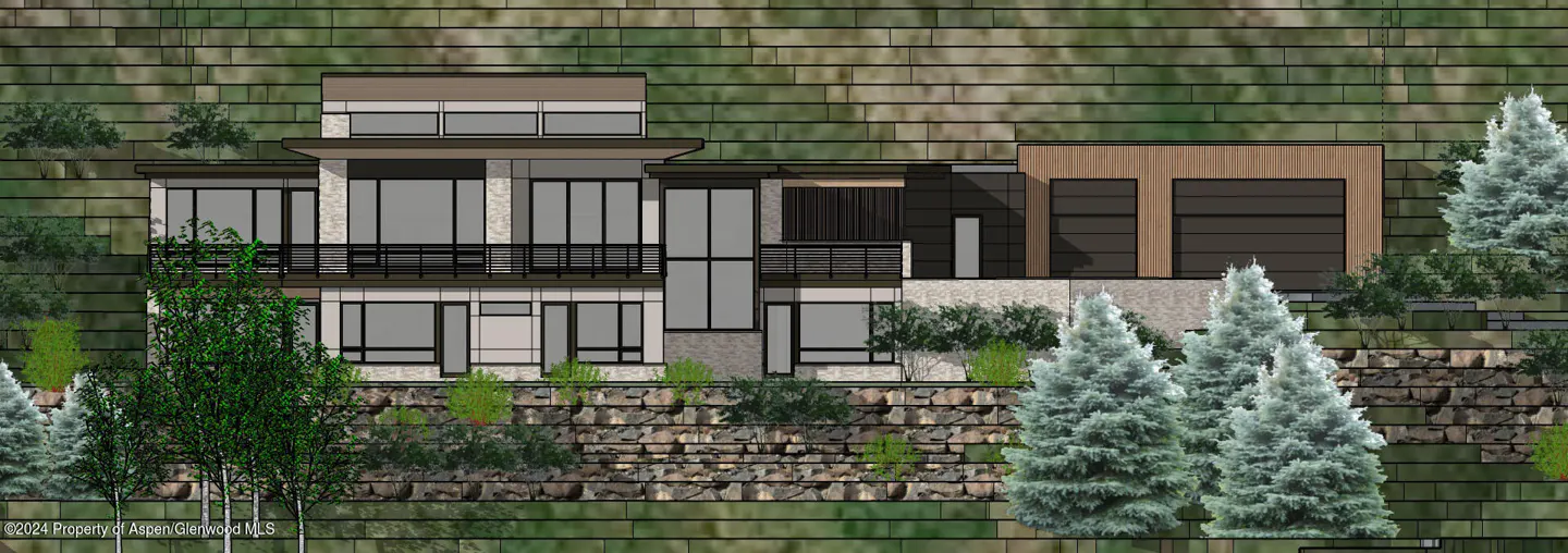 Rendering of a modern two-story house with a balcony, large windows, and a two-car garage, set on a hillside with trees.
