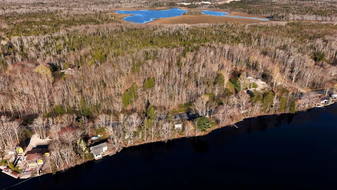 Aerial view of lakefront property with homes nestled among trees, and a blue lake in the background.