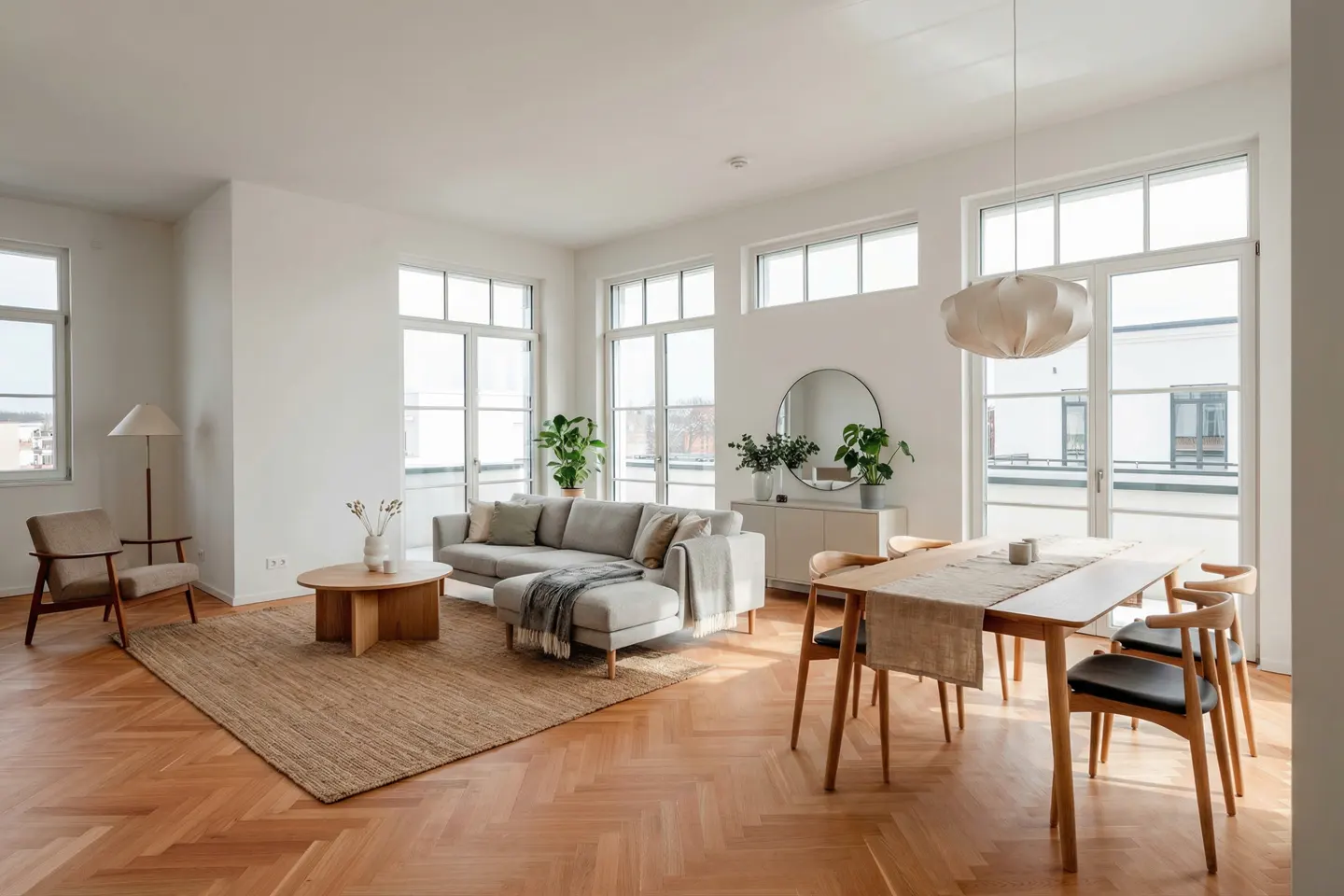 Bright, modern living and dining area with large windows, wood floors, gray sofa, and dining table with four chairs.