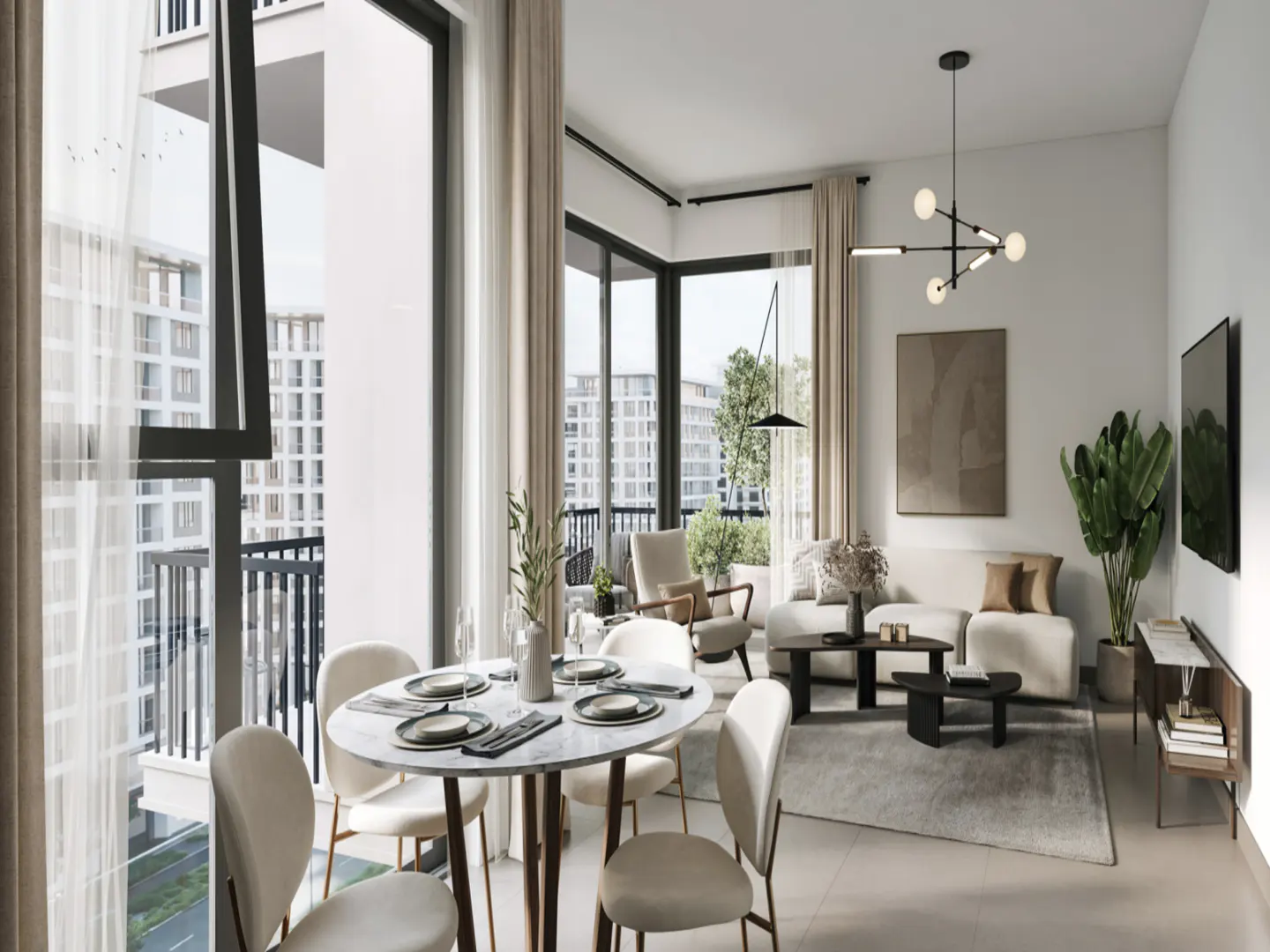 Bright, modern apartment interior with a round dining table, cream chairs, and a living area with a white sofa and large windows.