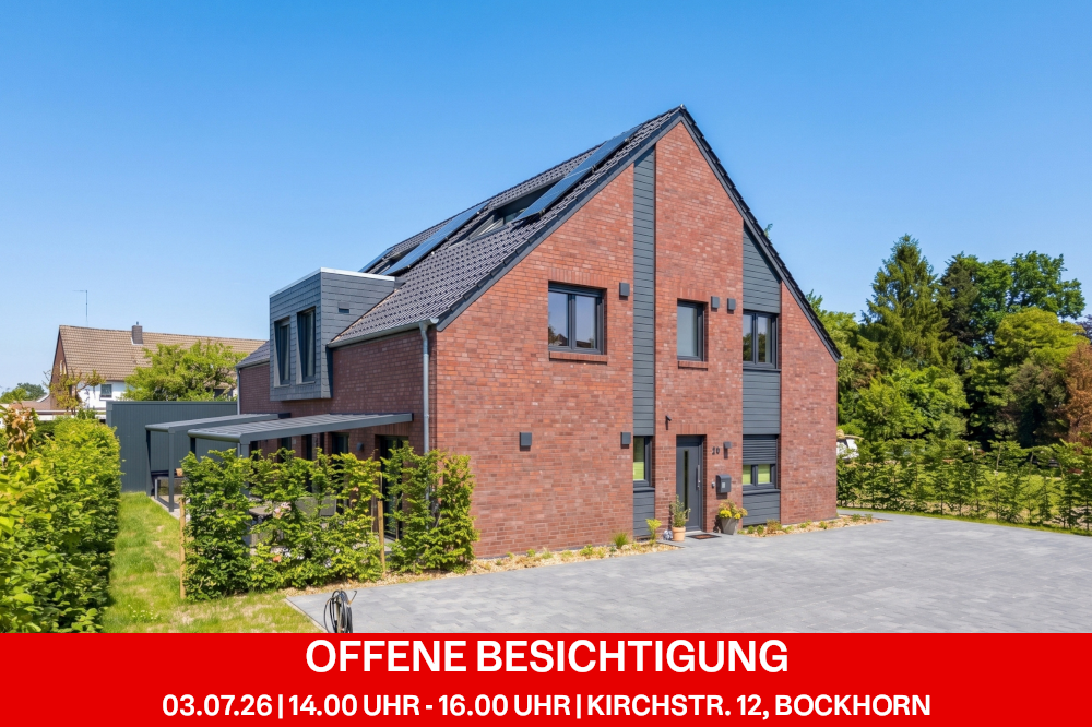 Modern red brick house with dark grey accents, a paved driveway, and an open house invitation banner at the bottom.