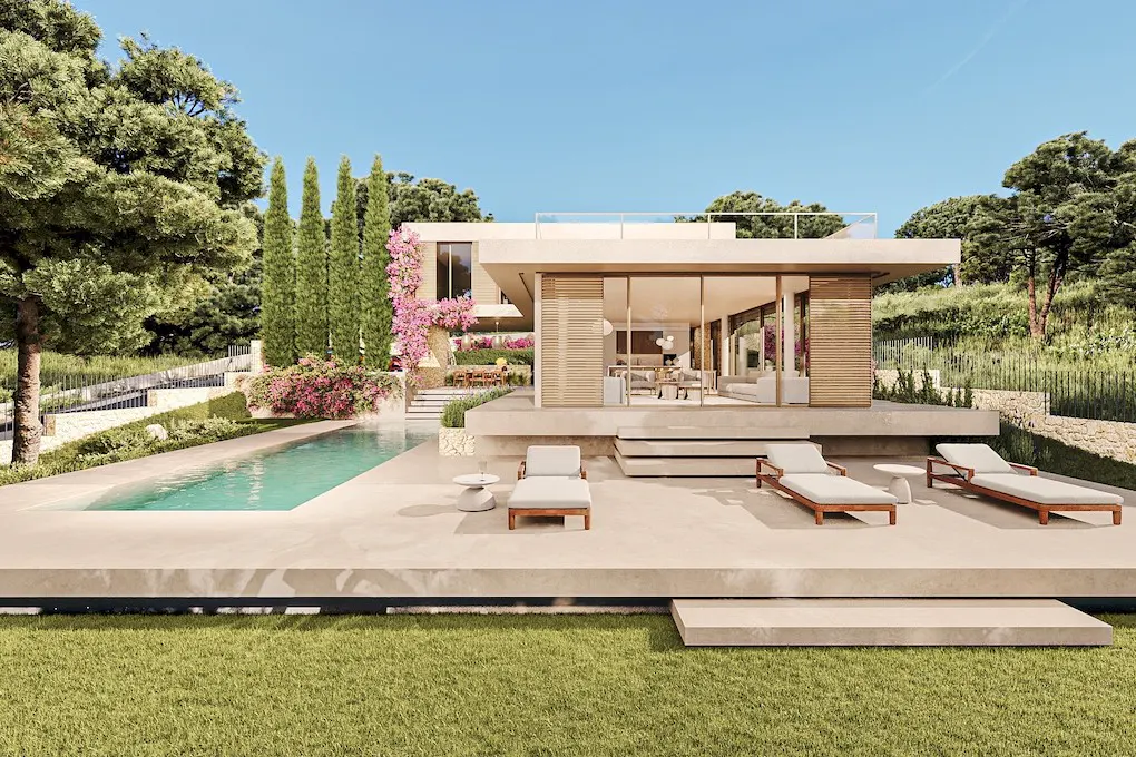 Modern home exterior with a pool, lounge chairs, and lush green landscaping under a clear blue sky.