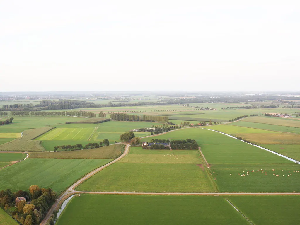 Aerial view of green farmland with fields, trees, roads, and a few buildings under a pale sky.