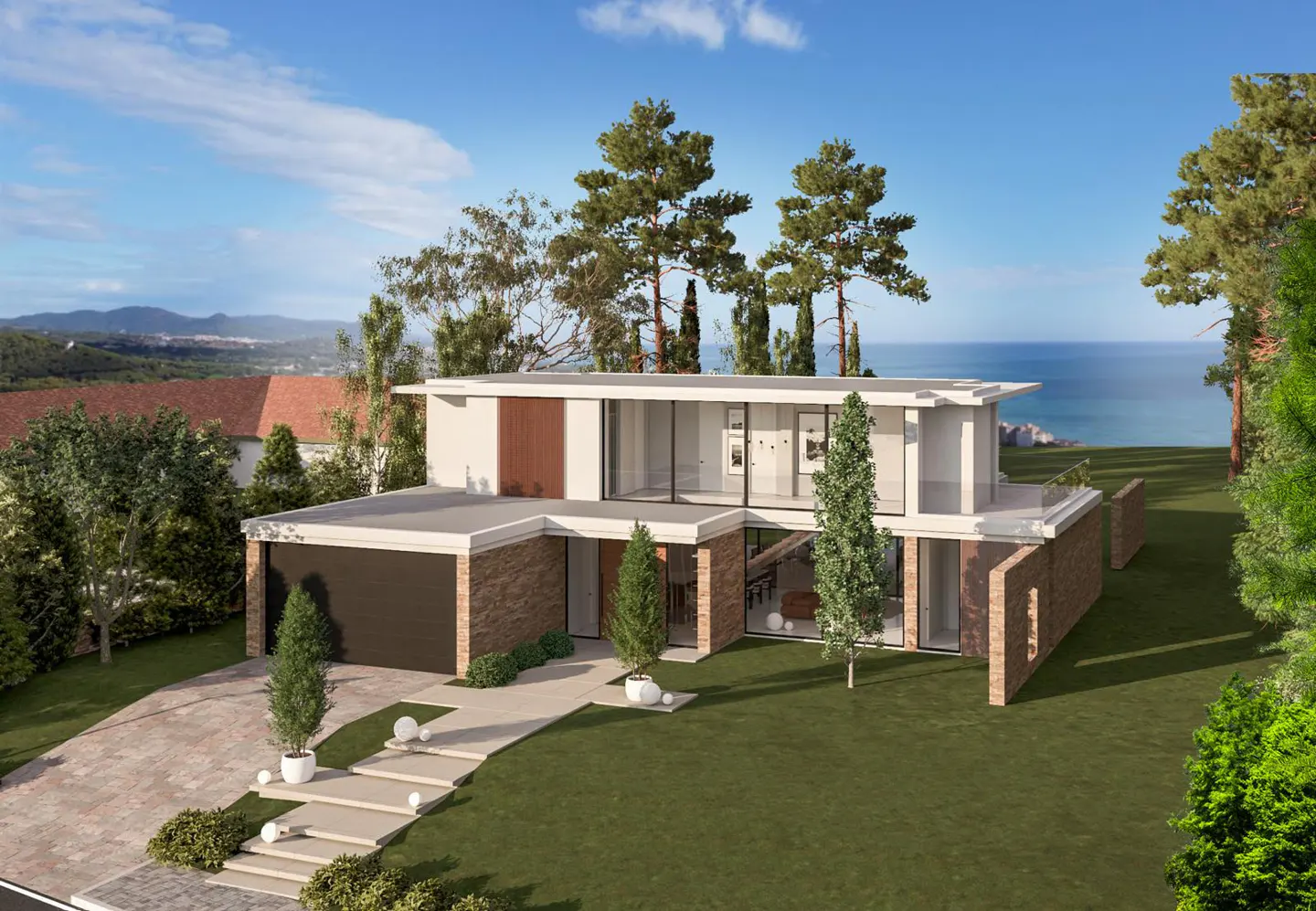 Modern two-story house with brick accents, a flat roof, and large windows, set on a green lawn with ocean views.