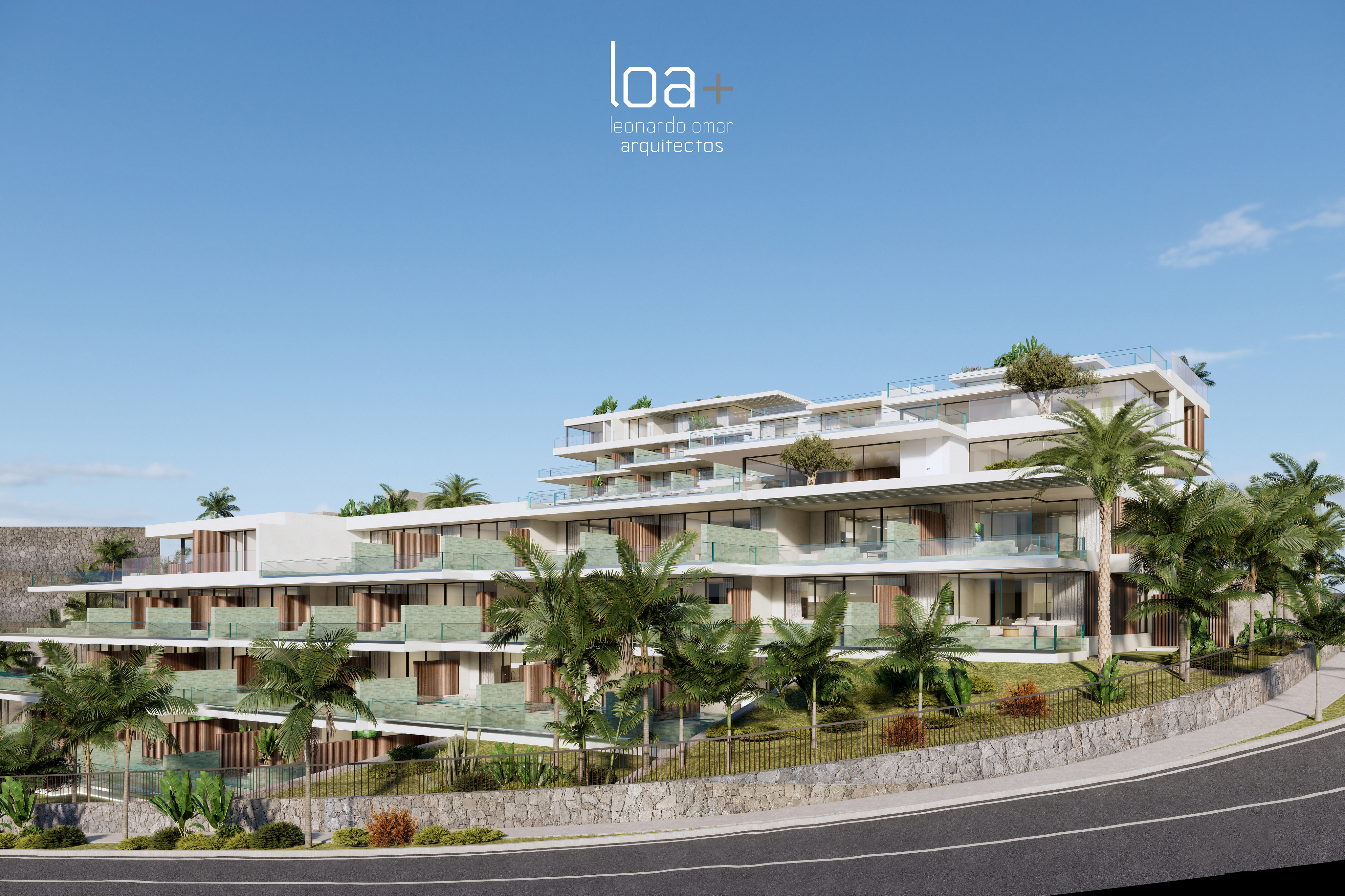 Modern white multi-level apartment building with glass balconies and palm trees, set against a clear blue sky. [AI-generated text] [Modificat per IA]