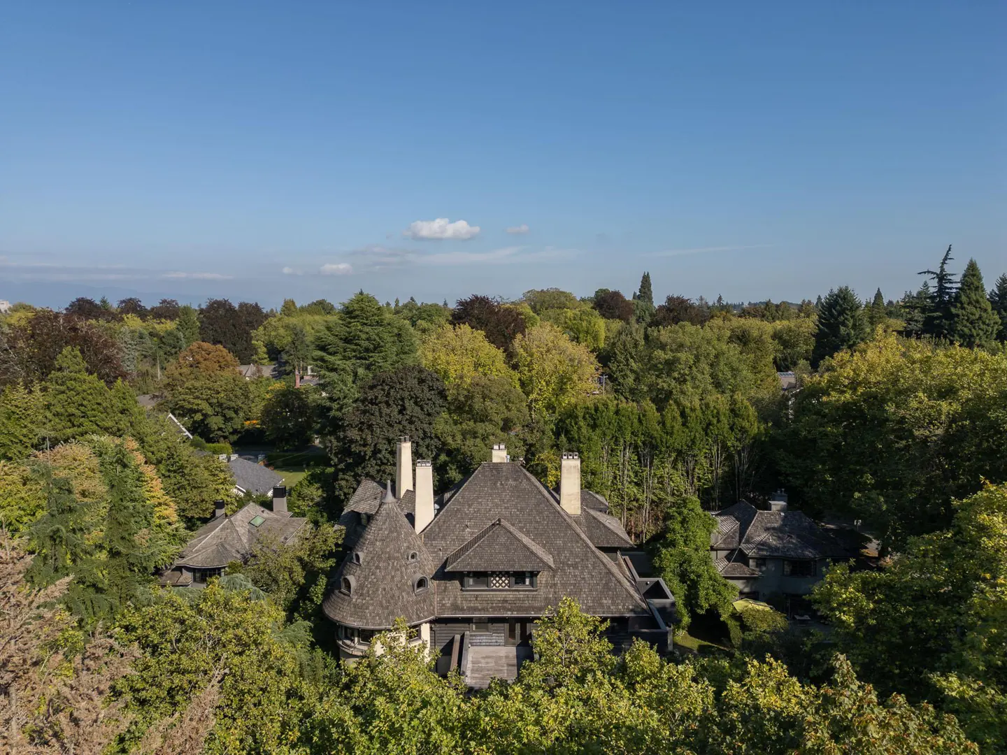 Aerial view of a large, light-colored house with a dark roof, surrounded by lush green trees under a clear blue sky.