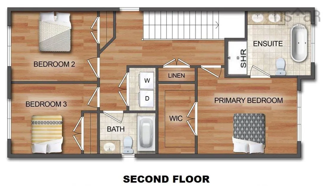 Second floor plan with three bedrooms, two bathrooms, a linen closet, and a walk-in closet.