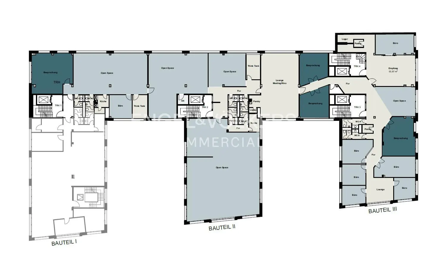 Floor plan of a commercial office building with three sections, featuring open spaces, meeting rooms, and restrooms.