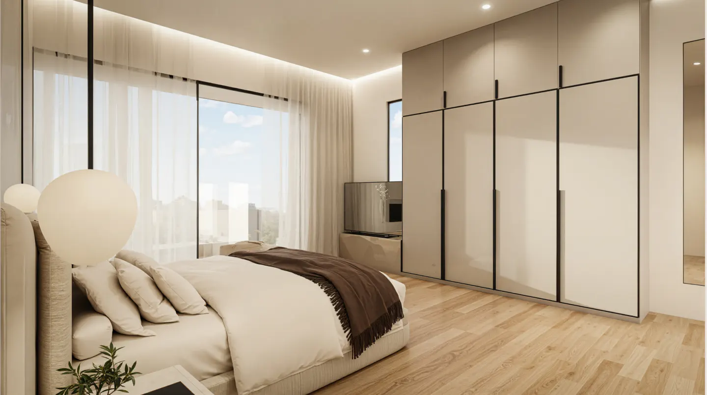 Modern bedroom with a bed, brown throw, floor-to-ceiling beige wardrobes, hardwood floors, and large windows with curtains.