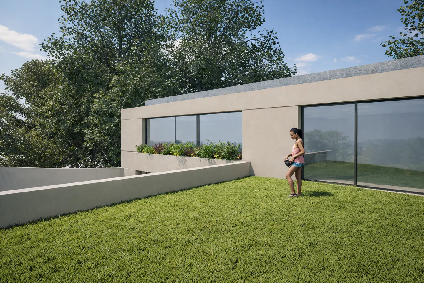 Modern beige house with a green rooftop lawn. A young woman stands on the lawn near large windows, holding a black bag. Trees and blue sky in the background.
