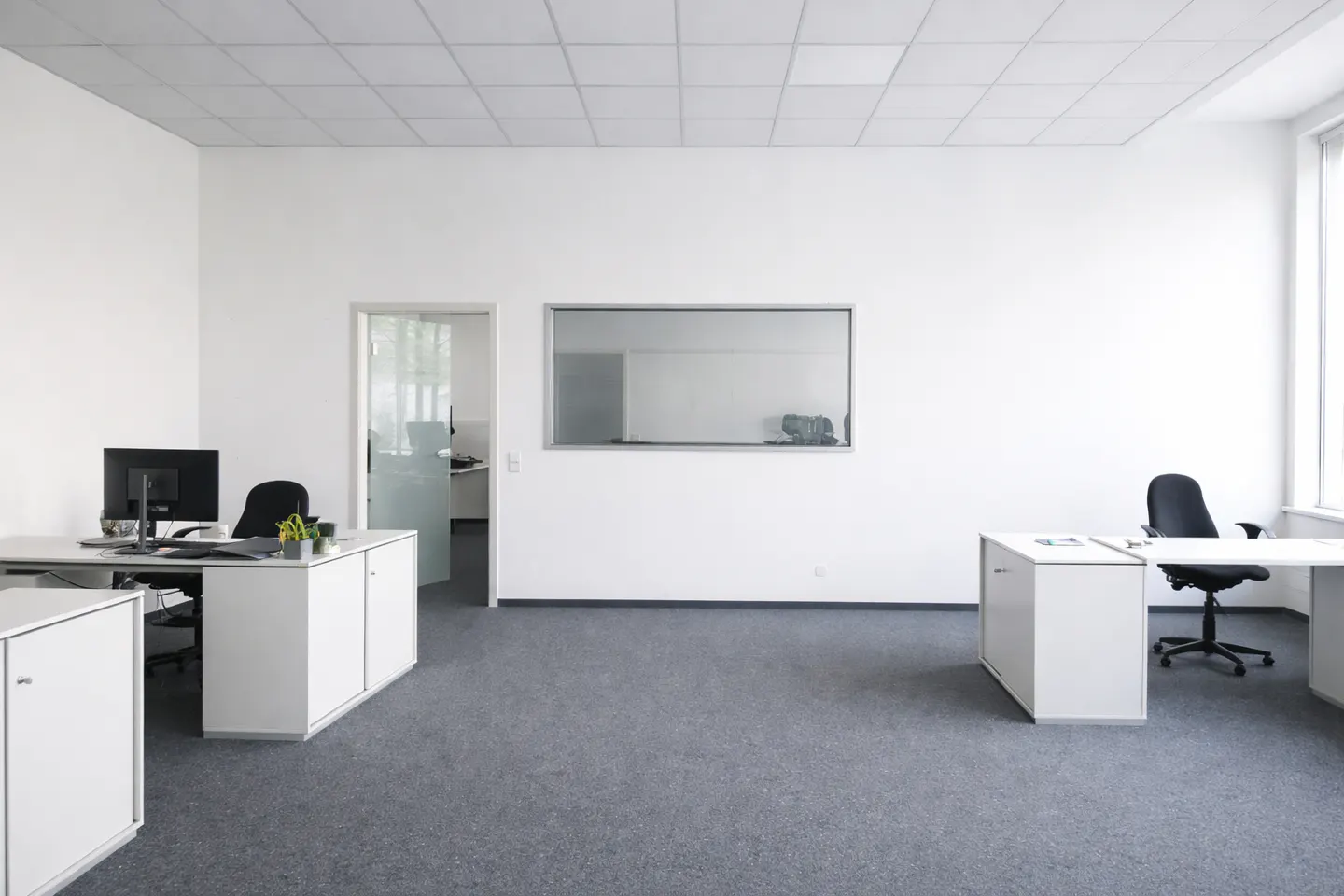 Bright office space with white walls, gray carpet, and desks with computers. A window and doorway offer views into other rooms.
