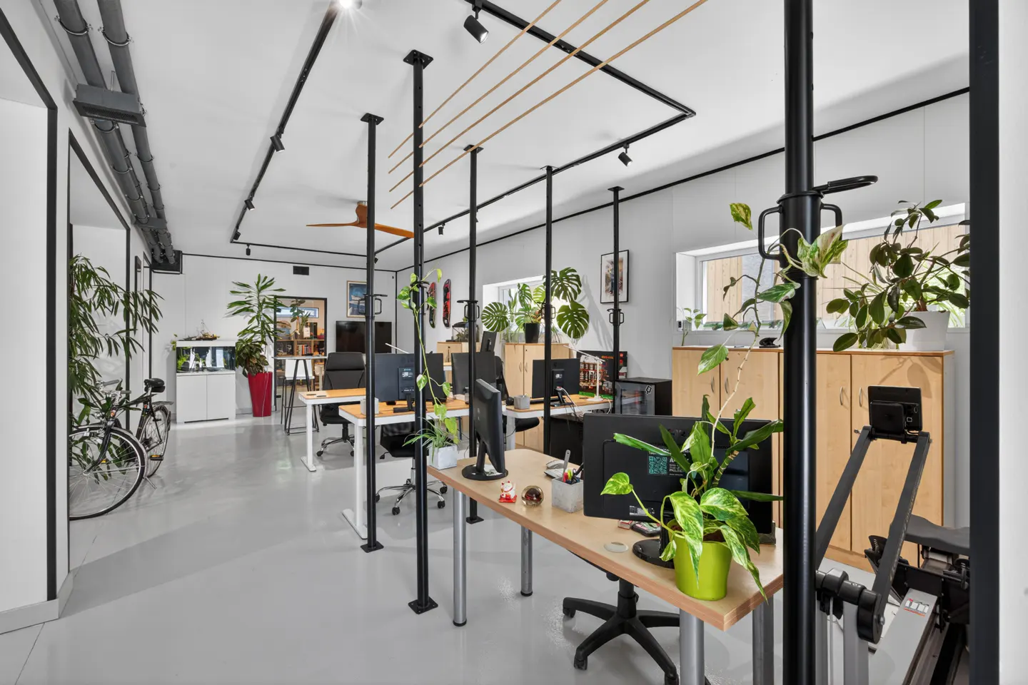 Bright, modern office space with desks, computers, and plants. Black support beams and track lighting add industrial flair. A bicycle is parked near the entrance.