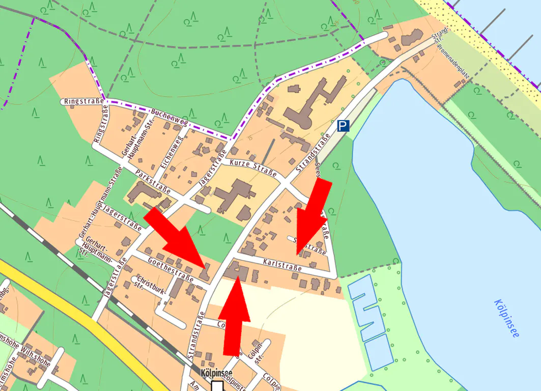 Map of Kölpinsee area showing streets, buildings, lake, and arrows pointing to locations.