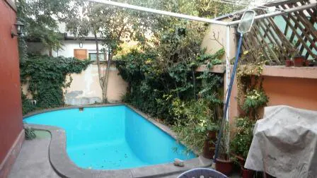 Backyard view of a turquoise pool surrounded by lush greenery and a red brick wall. A pool skimmer leans against a wooden pergola.