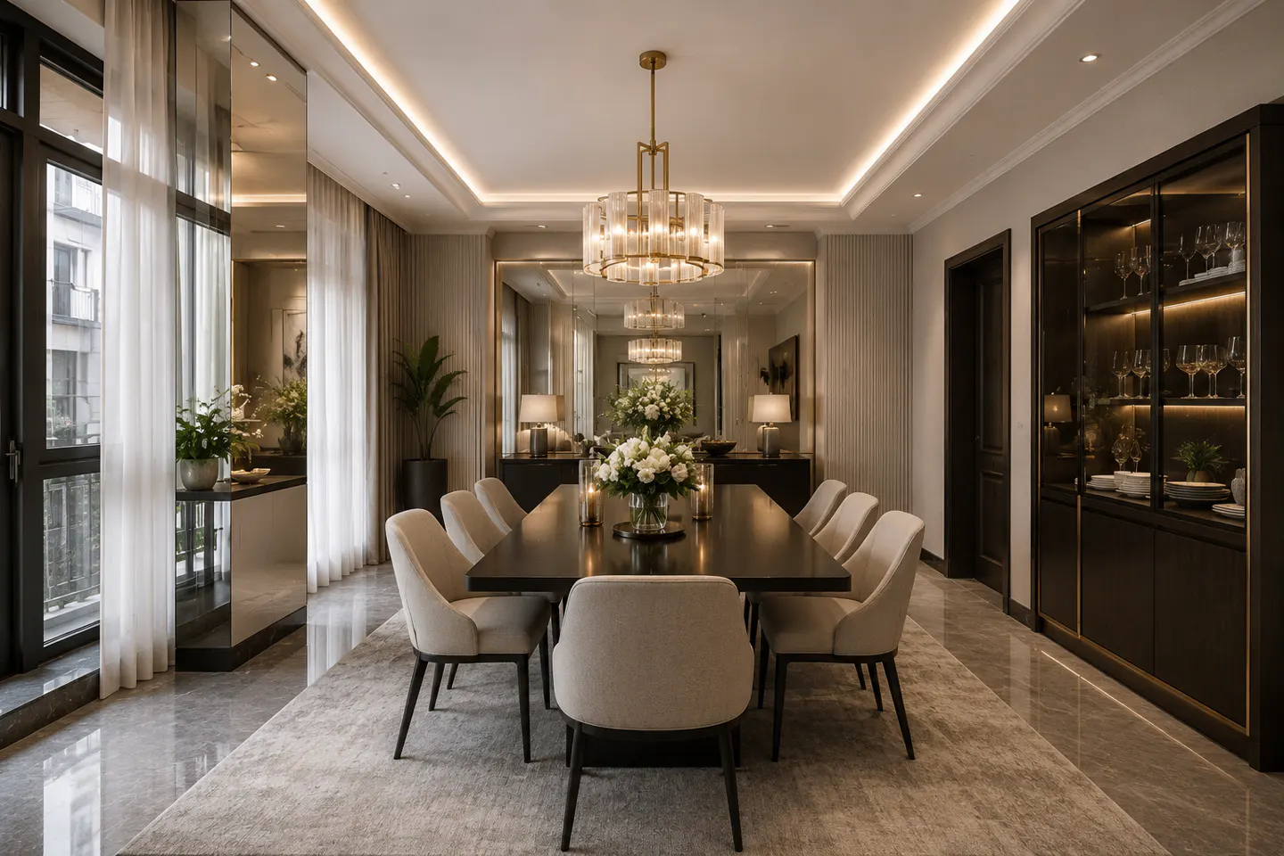 A modern dining room with a long dark wood table, beige chairs, and a crystal chandelier. A large mirror reflects the room, enhancing the sense of space.