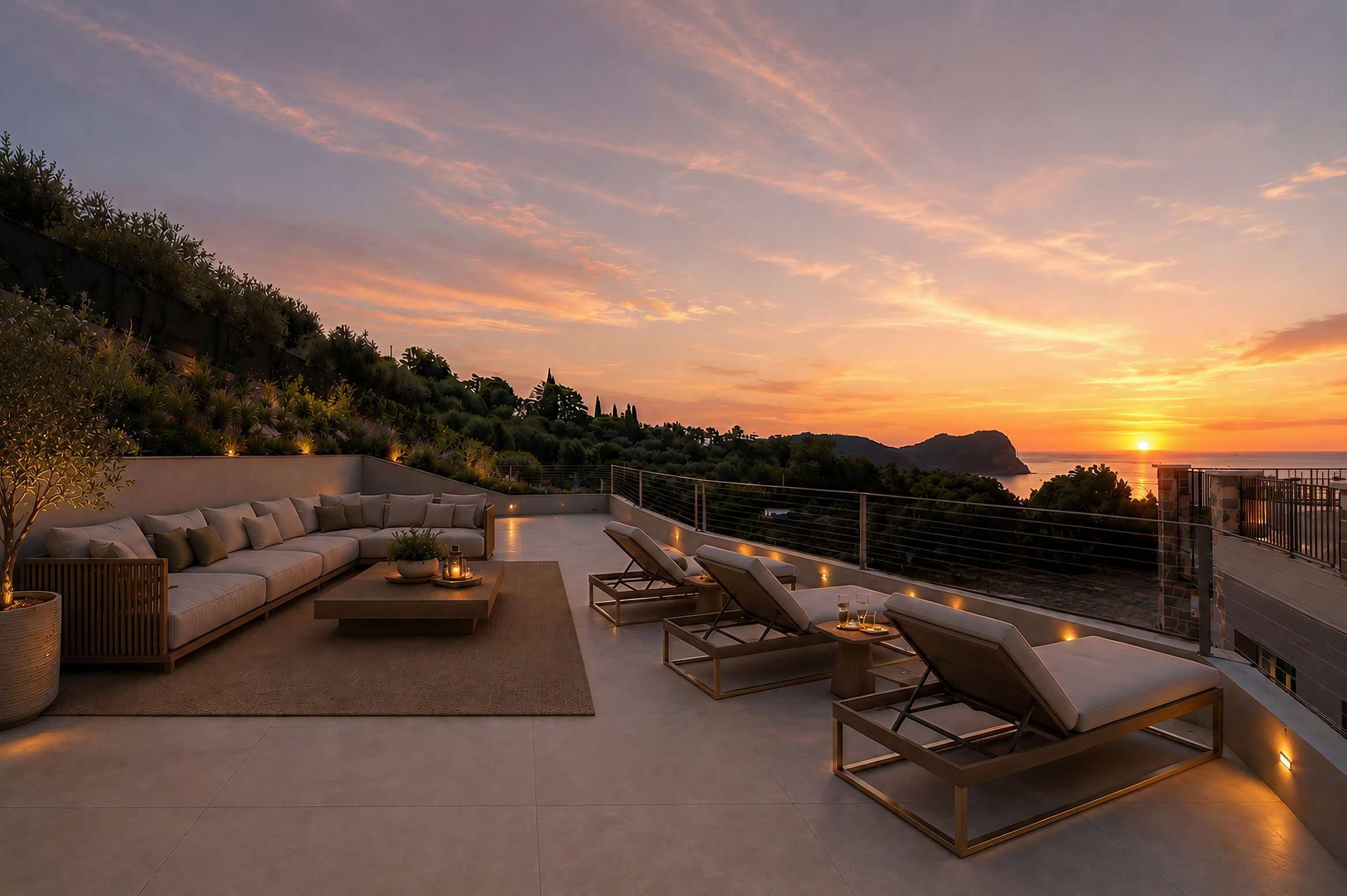 Luxury terrace with beige sectional sofa and lounge chairs overlooking a vibrant sunset over the ocean.
