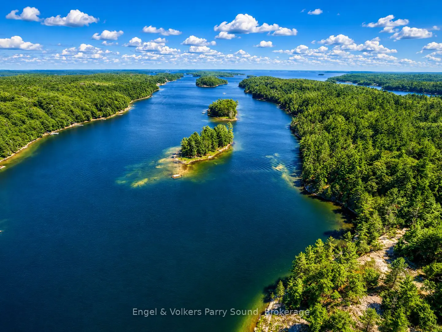 Aerial view of a deep blue river winding through lush green forests and small islands under a bright blue sky with scattered white clouds.