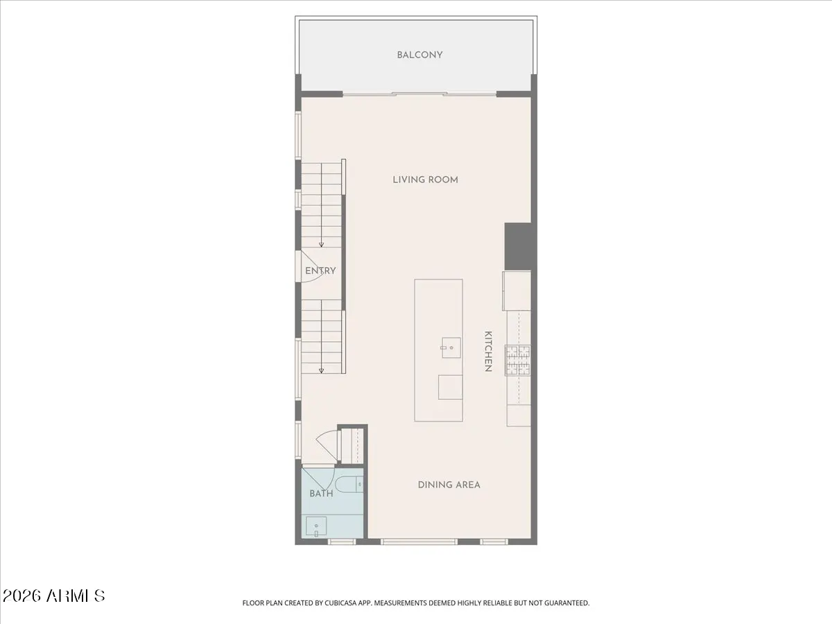 Floor plan showing a living room with balcony, kitchen, dining area, bath, and entry with stairs.