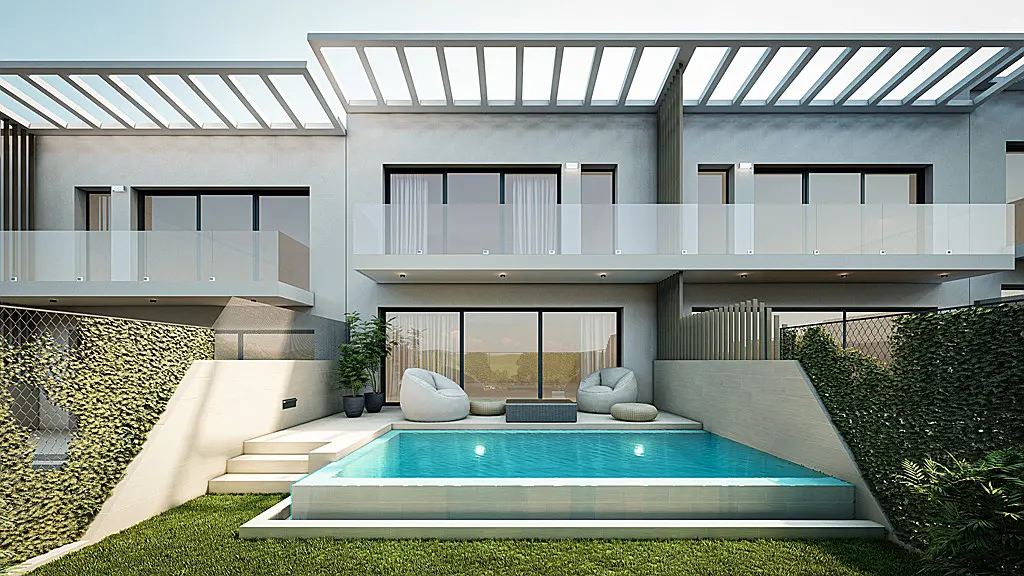 Modern two-story house with a pool, beanbag chairs, and a patio. The house is gray with black windows and a pergola roof.