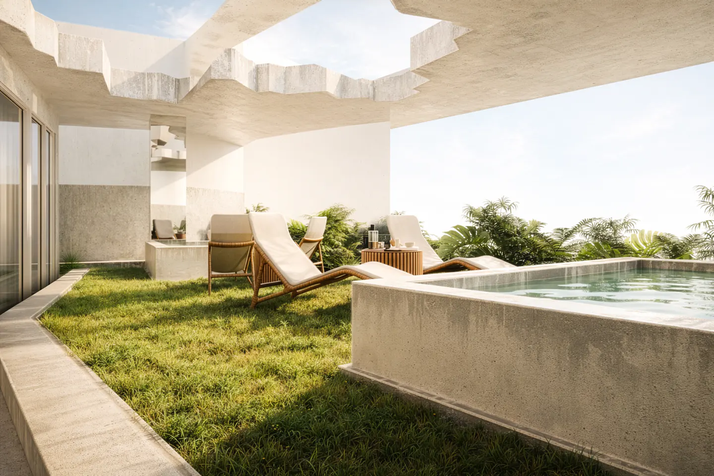 Modern outdoor patio with two lounge chairs, small pool, and grass. The patio has a concrete roof with a jagged opening.