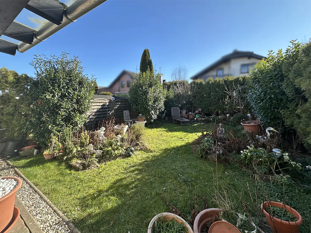 A sunny backyard with green grass, trees, and potted plants. Two chairs and a lounge chair are visible in the background.