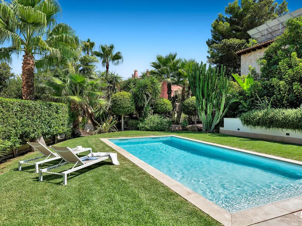 A backyard with a rectangular pool, two lounge chairs, green grass, and various trees under a clear blue sky.