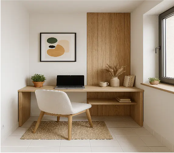 A bright home office with a wooden desk, white chair, laptop, and abstract art. A window provides natural light.