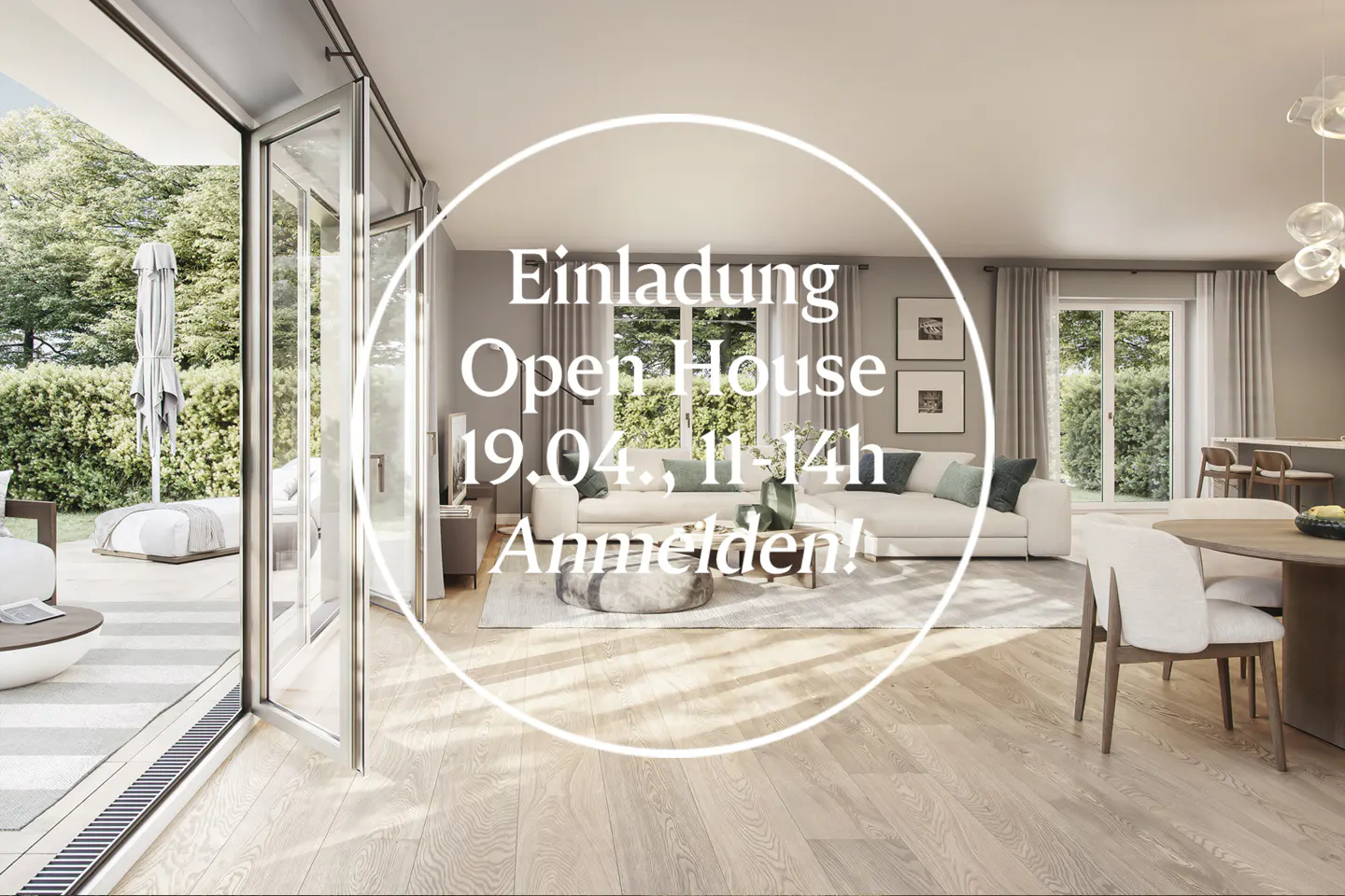 Open house invitation: Modern living room with white sofa, wood floors, and open patio doors to a green garden. Text overlay in German.