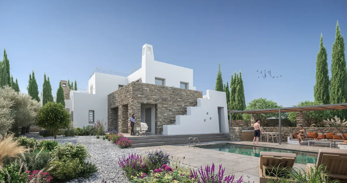 Exterior of a modern white house with a pool, patio, and lush landscaping. A woman pushes a stroller near the entrance.