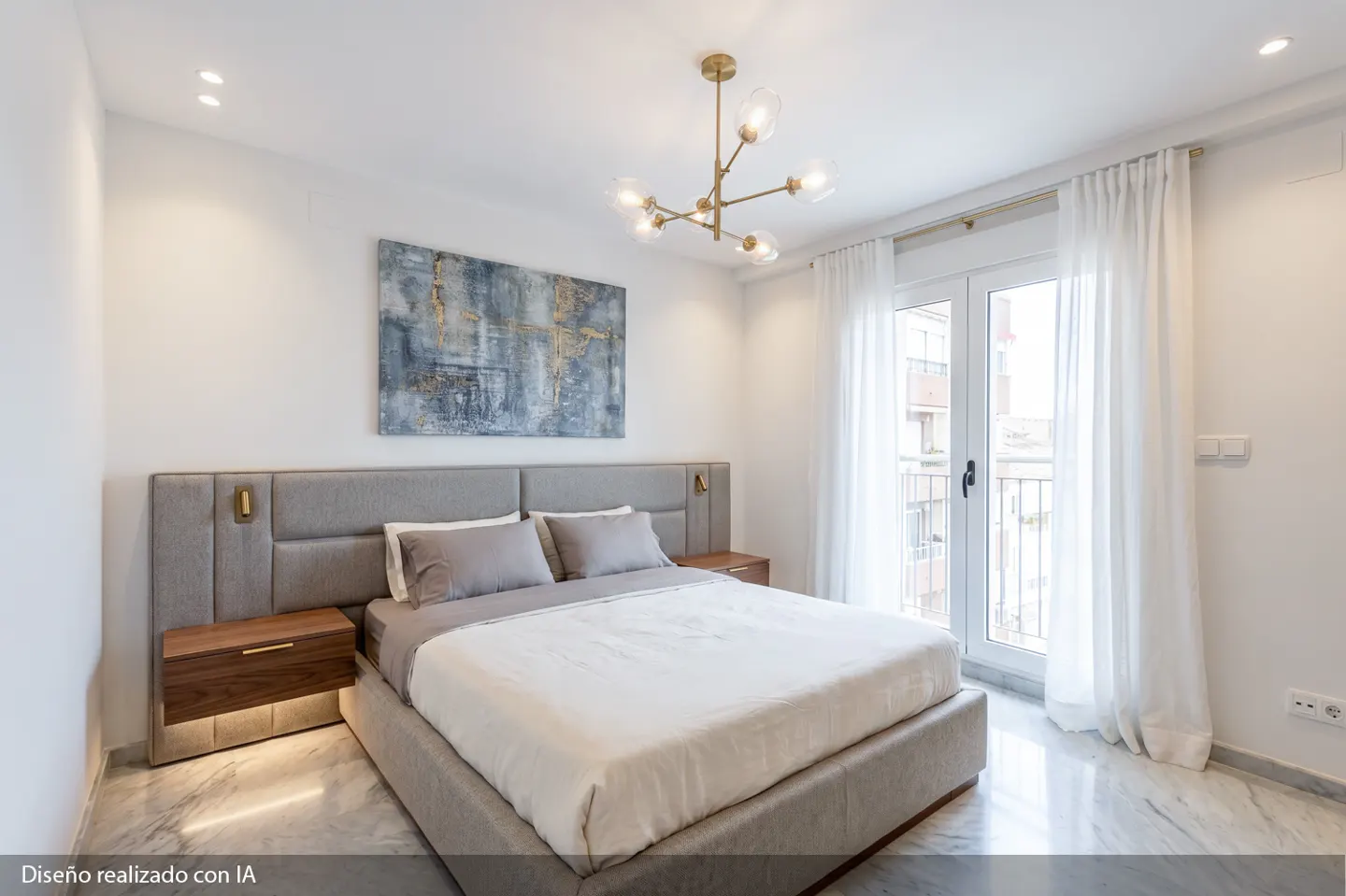 Bright bedroom with gray upholstered bed, white linens, and wood nightstands. A gold chandelier hangs above, and sheer curtains frame a balcony door.