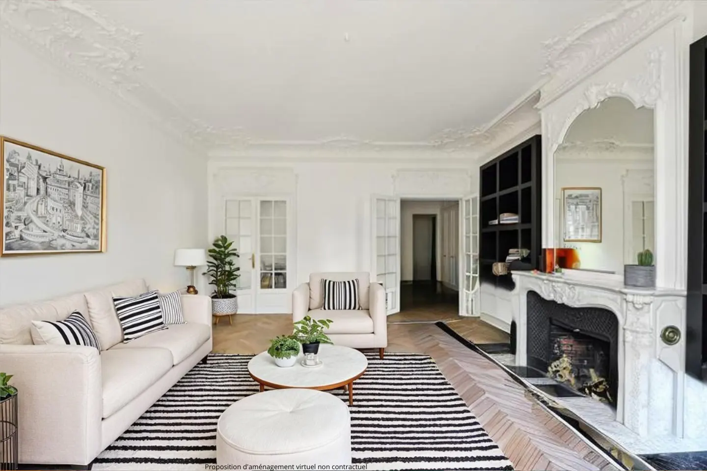 Bright living room with white walls, herringbone floors, and black and white striped rug. Cream sofa and armchair with striped pillows. Fireplace with mirror.